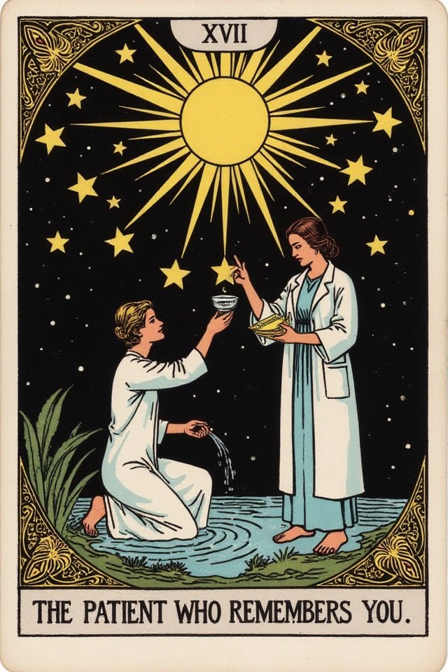 The Patient Who Remembers You — illustrated tarot card, arcanum XVII