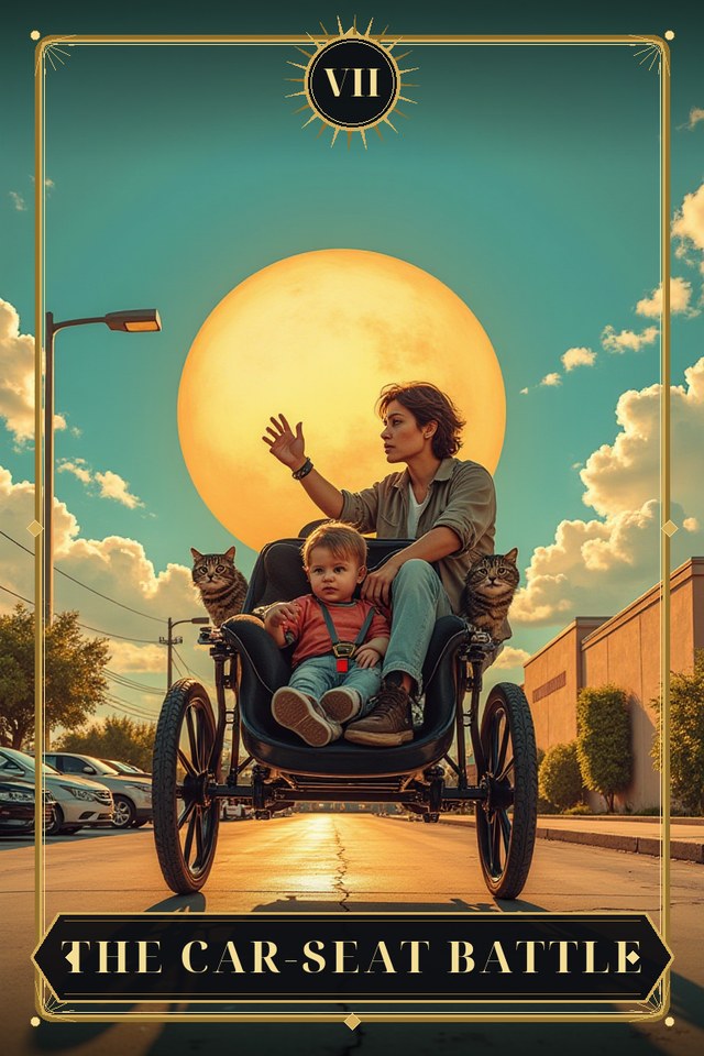 The Car-Seat Battle — illustrated tarot card, arcanum VII