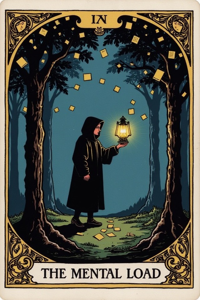 The Mental Load — illustrated tarot card, arcanum IX