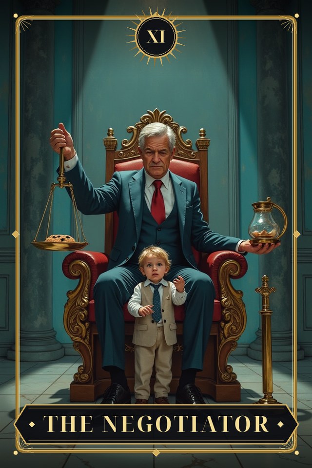 The Negotiator — illustrated tarot card, arcanum XI