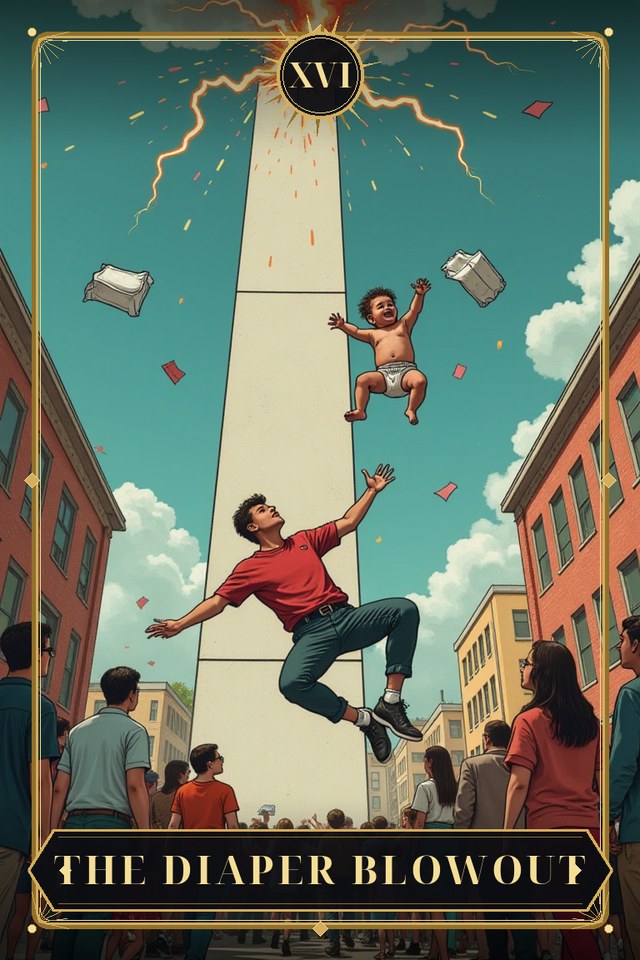 The Diaper Blowout — illustrated tarot card, arcanum XVI