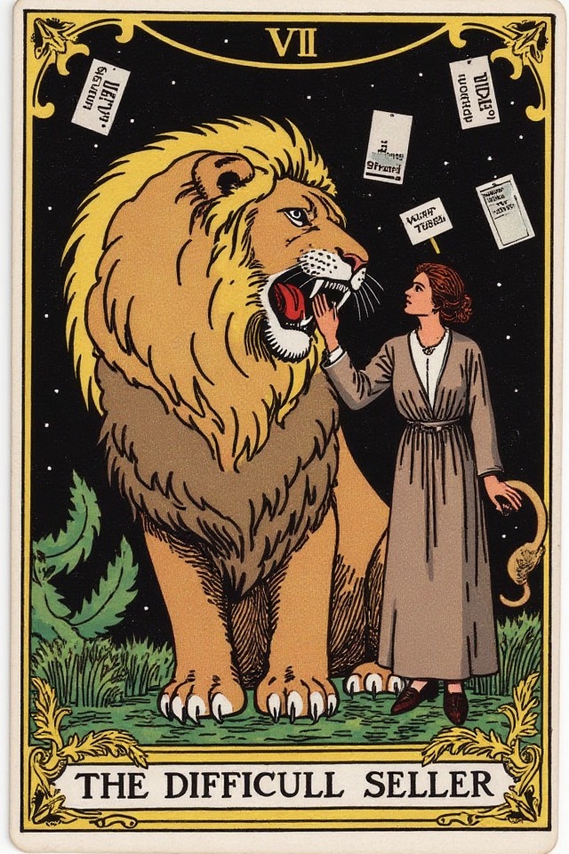 The Difficult Seller — illustrated tarot card, arcanum VIII