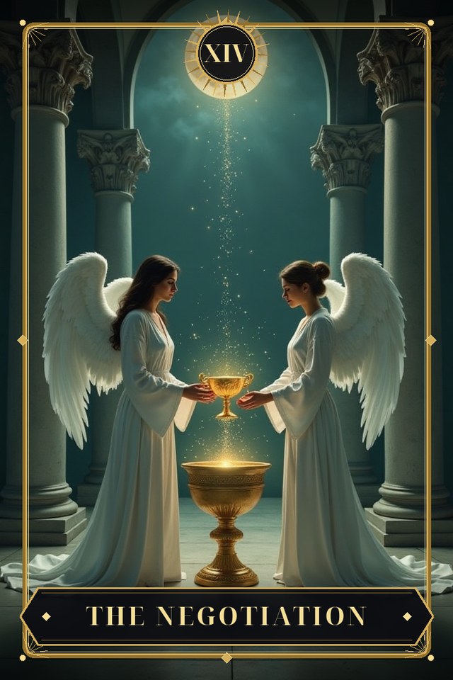 The Negotiation — illustrated tarot card, arcanum XIV
