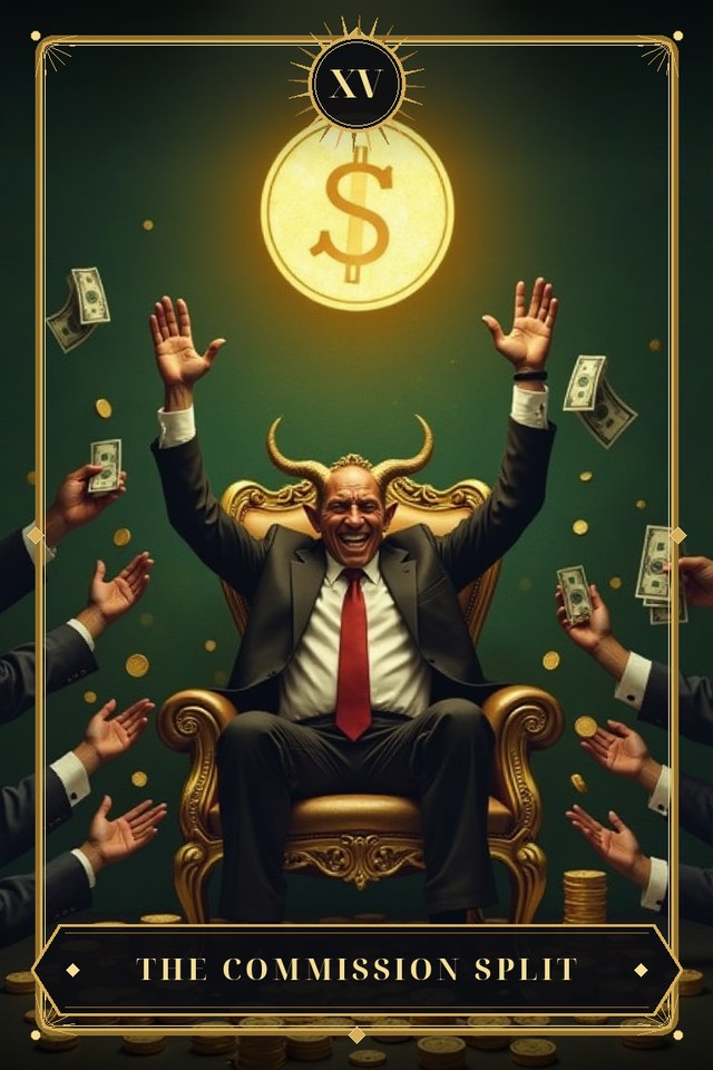 The Commission Split — illustrated tarot card, arcanum XV