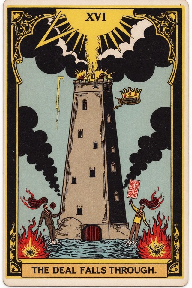 The Deal Falls Through — illustrated tarot card, arcanum XVI