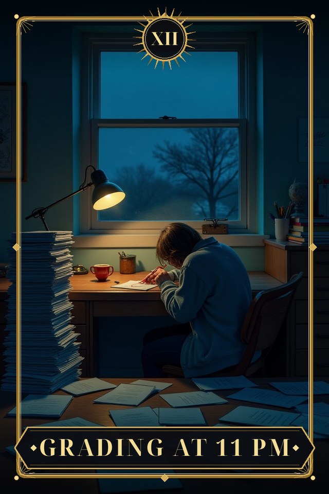 Grading at 11 PM — illustrated tarot card, arcanum XII