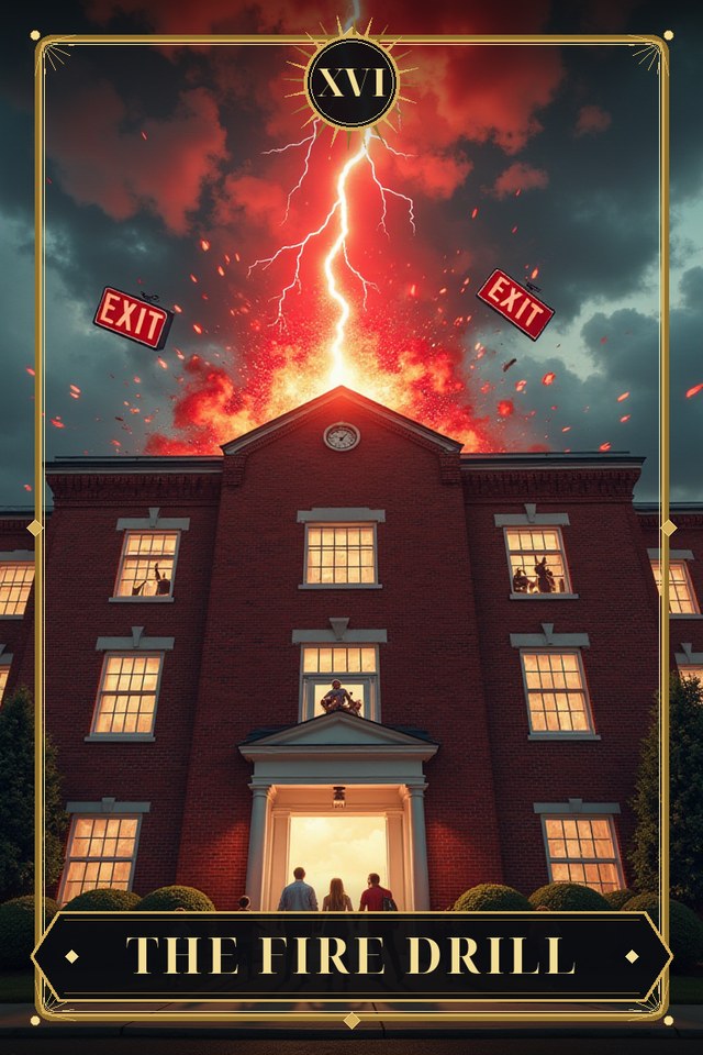 The Fire Drill — illustrated tarot card, arcanum XVI