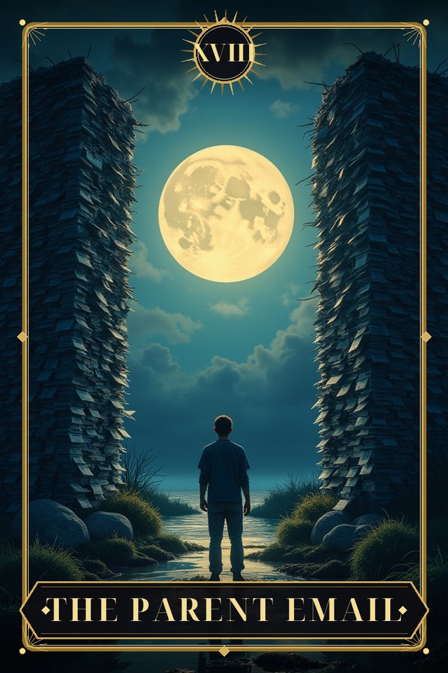 The Parent Email — illustrated tarot card, arcanum XVIII