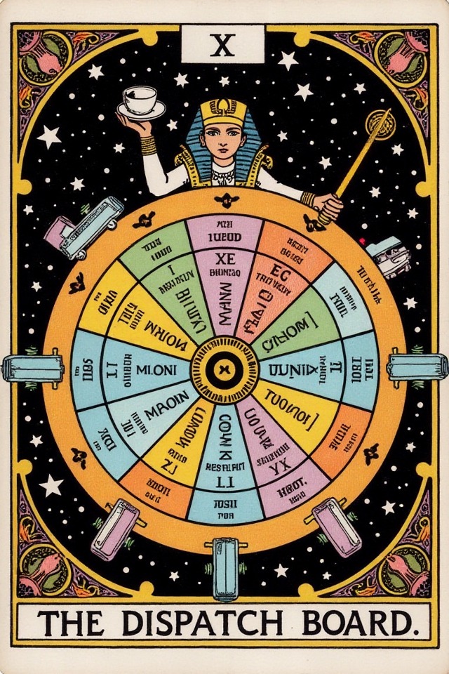 The Dispatch Board — illustrated tarot card, arcanum X