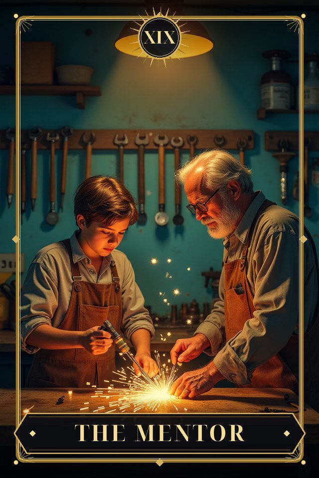 The Mentor — illustrated tarot card, arcanum XIX