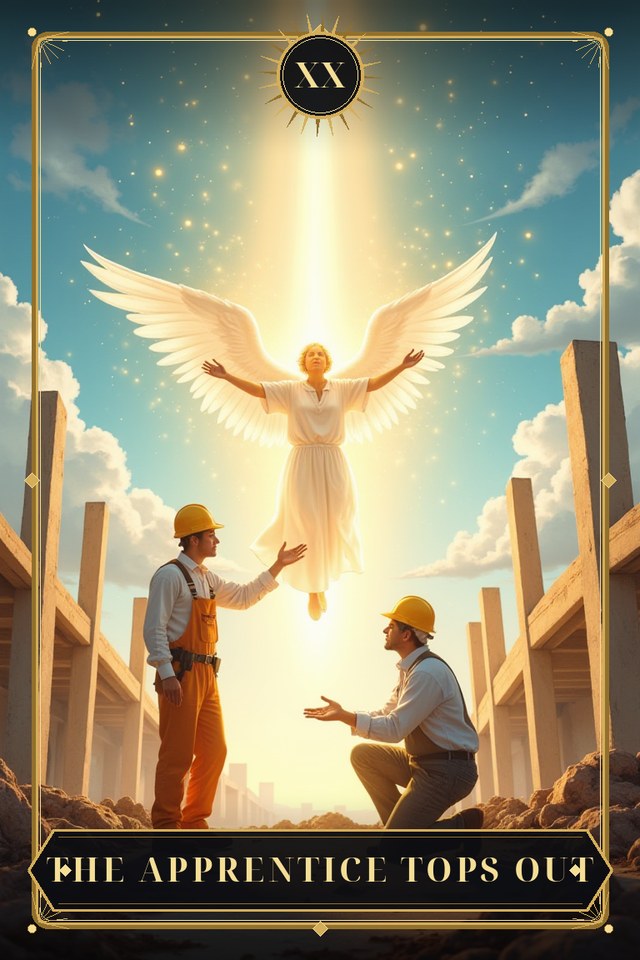 The Apprentice Tops Out — illustrated tarot card, arcanum XX