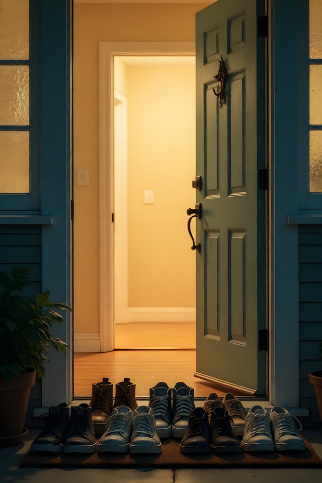 The Shoe Pile by the Door — illustrated minor arcana card (ten of cups)