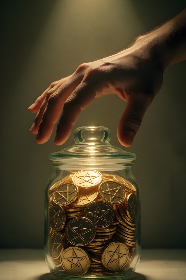 The Rainy-Day Jar — illustrated minor arcana card (seven of pentacles)