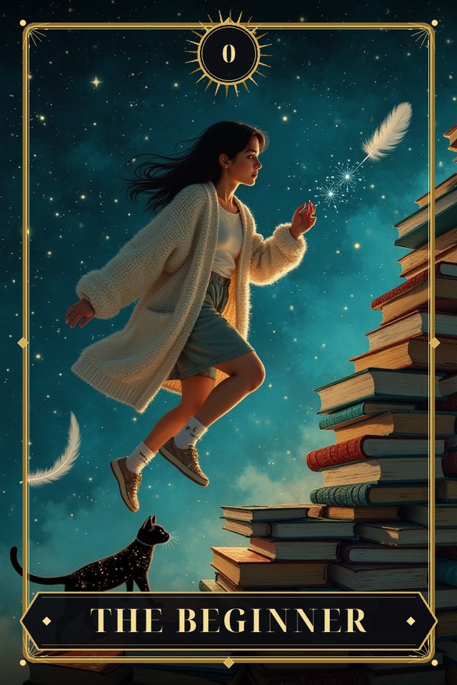 The Beginner — illustrated tarot card, arcanum 0