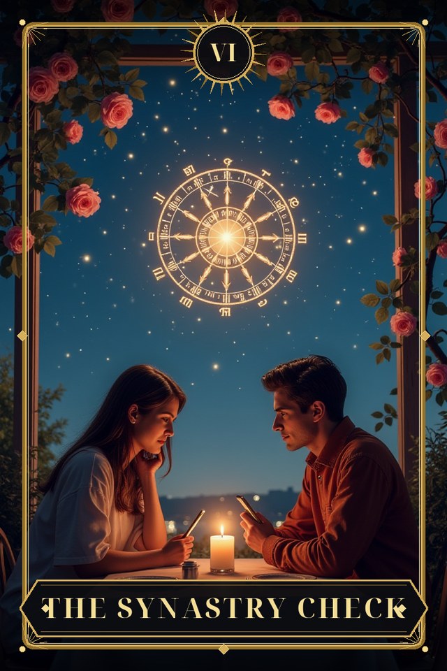 The Synastry Check — illustrated tarot card, arcanum VI
