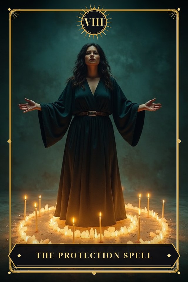 The Protection Spell — illustrated tarot card, arcanum VIII