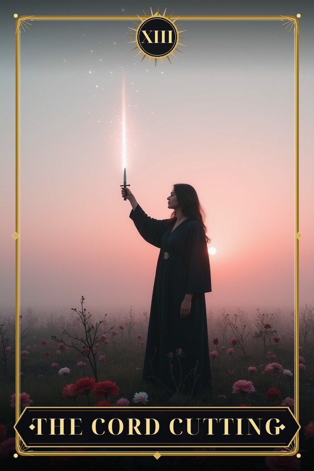 The Cord Cutting — illustrated tarot card, arcanum XIII